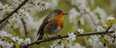A robin sits on a branch of a tree with flowers photo