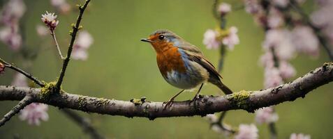 A robin sits on a branch in front of a blossoming tree photo
