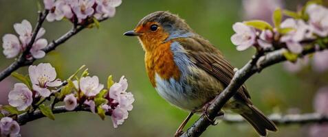 A bird sitting on a branch with flowers photo