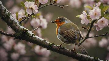 A robin sits on a branch with pink flowers photo