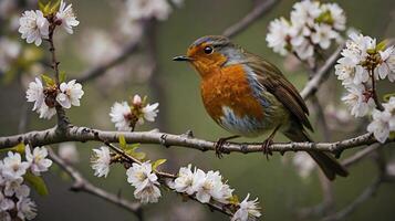 A robin sits on a branch of a tree with flowers photo