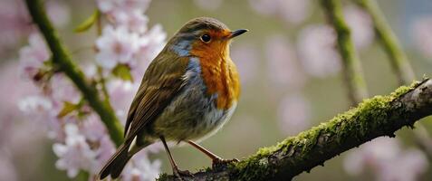 A robin is perched on a branch with pink flowers photo