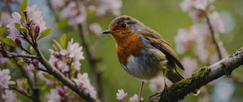 A robin sits on a branch of a tree photo