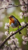 A robin sits on a branch of a tree photo