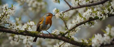 A robin sits on a branch of a tree with white flowers photo