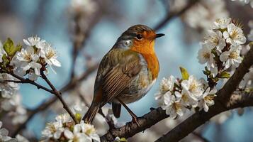A robin sits on a branch of a tree with flowers photo