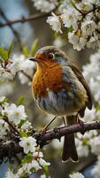 A robin is perched on a branch of a tree photo