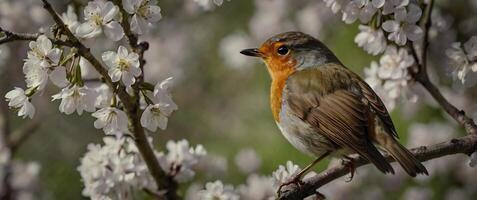 A robin sits on a branch of a tree with white flowers photo