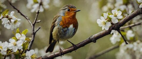 A robin sits on a branch with flowers photo