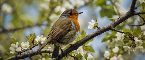 A bird is sitting on a branch with flowers photo