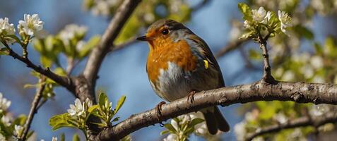 A robin sits on a branch of a tree photo