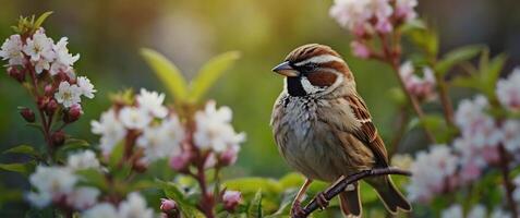 A bird is sitting on a branch with flowers photo