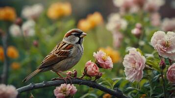 A sparrow sits on a branch in front of flowers photo