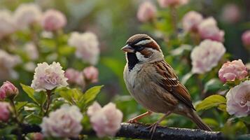 A bird is sitting on a branch in front of pink flowers photo