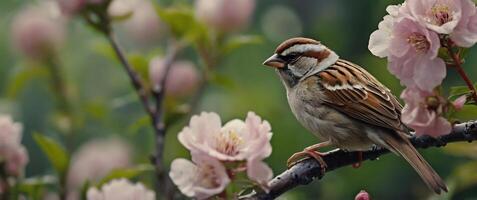 A bird sits on a branch with pink flowers photo