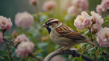 A bird is sitting on a branch with pink flowers photo