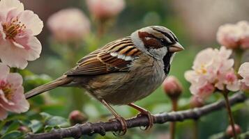 A bird is sitting on a branch with pink flowers photo