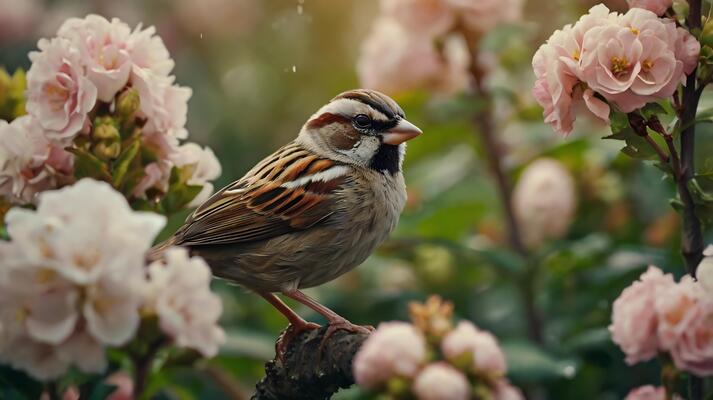 A bird is sitting on a branch in front of pink flowers