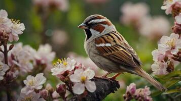 A sparrow is perched on a branch of a tree photo