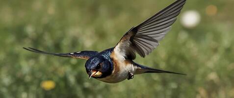 A bird flying over a field with grass in the background photo