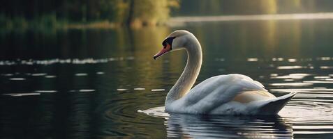 A swan swimming in a lake with trees in the background photo
