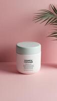 Pink and white container with a palm tree on a pink background photo