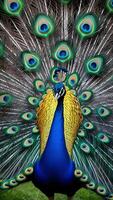 A peacock with its feathers out photo