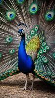 A peacock with its feathers spread out photo