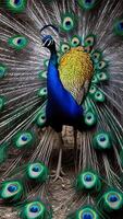 A peacock is displaying its feathers in the wild photo