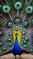 A peacock with its feathers spread out photo