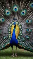 A peacock with its feathers open photo