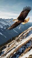 A bald eagle flying over a mountain range photo