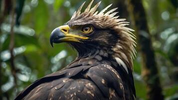 An eagle with a mohawk stands in front of some trees photo