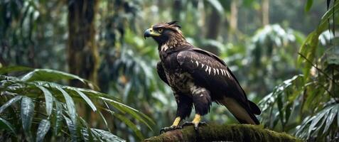 An eagle is perched on a branch in the jungle photo