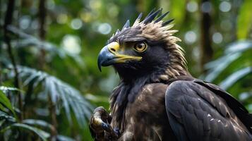 An eagle with yellow eyes and black feathers photo
