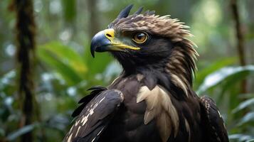 An eagle is standing in the middle of a forest photo