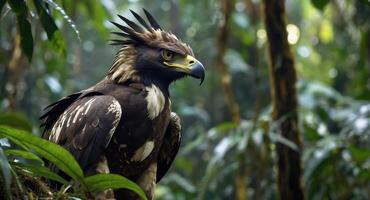 An eagle is sitting on a branch in the jungle photo