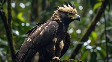 A large eagle with a yellow head and black feathers photo