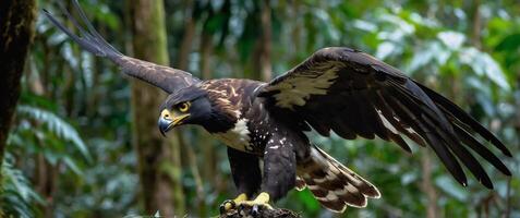 A hawk with its wings spread out in the forest photo