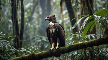 An eagle is perched on a branch in the jungle photo
