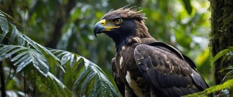 A large eagle perched on a branch in the jungle photo