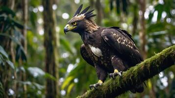 A large eagle perched on a branch in the jungle photo