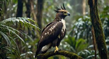 An eagle is perched on a branch in the jungle photo