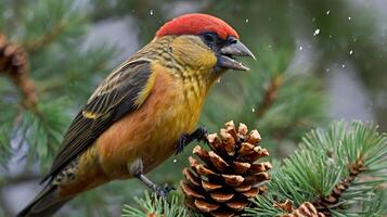 A bird with red beak sitting on a pine cone photo