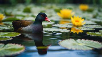 A duck is swimming in a pond surrounded by lily pads photo