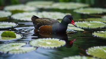 A duck is swimming in a pond surrounded by lily pads photo