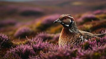 A bird is sitting in the middle of a field of purple flowers photo