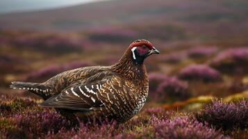 A grouse is standing in the middle of a field photo