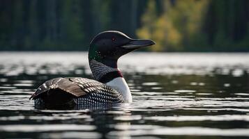 A loon swimming in a lake with trees in the background photo