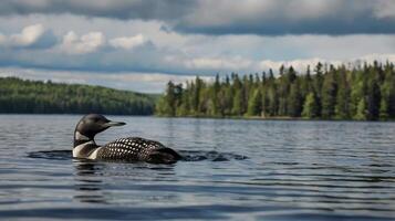 A loon swimming in a lake with trees in the background photo